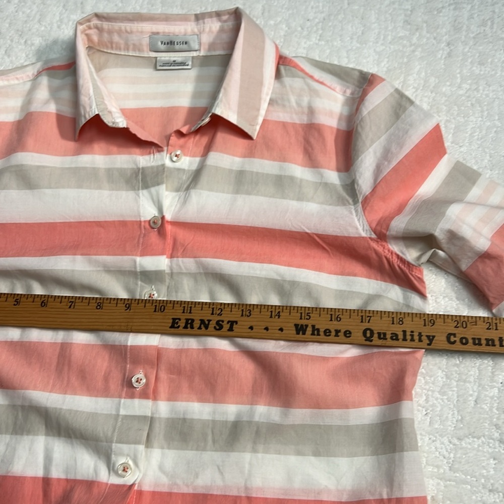 Van Heusen button up cotton stripe orange tan white collared 3/4 sleeve blouse M - Picture 8 of 9